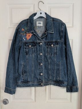 OLD NAVY FLORAL EMBROIDERED DENIM JACKET IN MEDIUM WASH Women XL